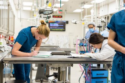 Two students taking notes in a laboratory.
