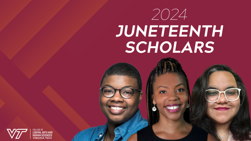 A maroon graphic with the words "2024 Juneteenth Scholars" at the top. To the bottom right of the graphic, there are headshot photos of three women, smiling. 