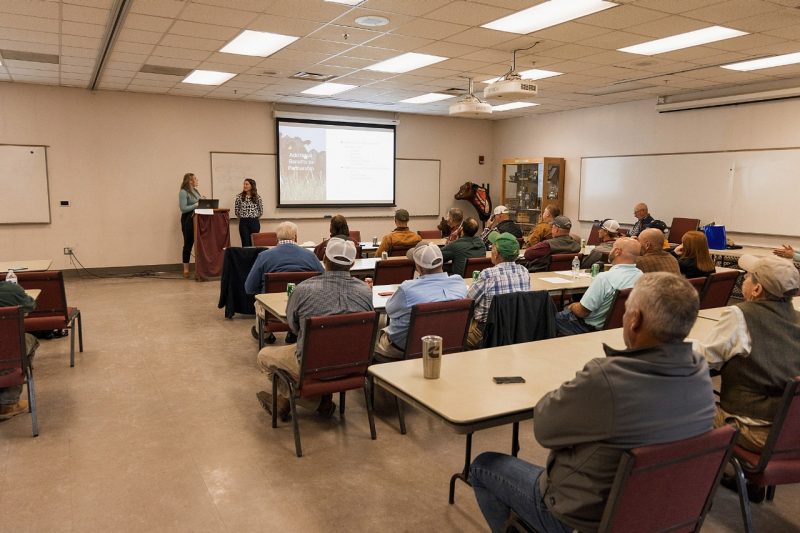 DOC beef meeting attendees looking at PowerPoint presentation.